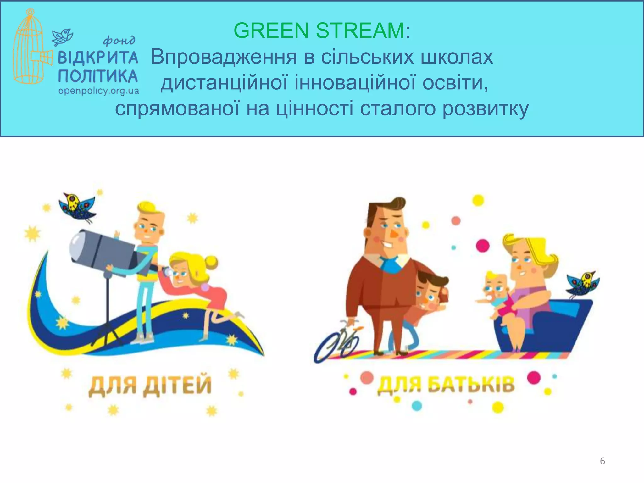 6
GREEN STREAM:
Впровадження в сільських школах
дистанційної інноваційної освіти,
спрямованої на цінності сталого розвитку
 