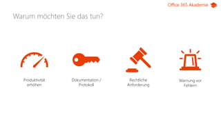 Office 365 Akademie
Warum möchten Sie das tun?
Produktivität
erhöhen
Dokumentation /
Protokoll
Rechtliche
Anforderung
Warnung vor
Fehlern
 