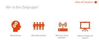 Office 365 Akademie
Wer ist Ihre Zielgruppe?
Vorkenntnisse Wie viele sind das? Wie kann ich sie
erreichen?
Warum schauen sie
das an?
 