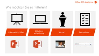 Office 365 Akademie
Wie möchten Sie es mitteilen?
Präsentation / Folien
Bildschirm-
aufzeichnung
Vortrag Beschreibung
 