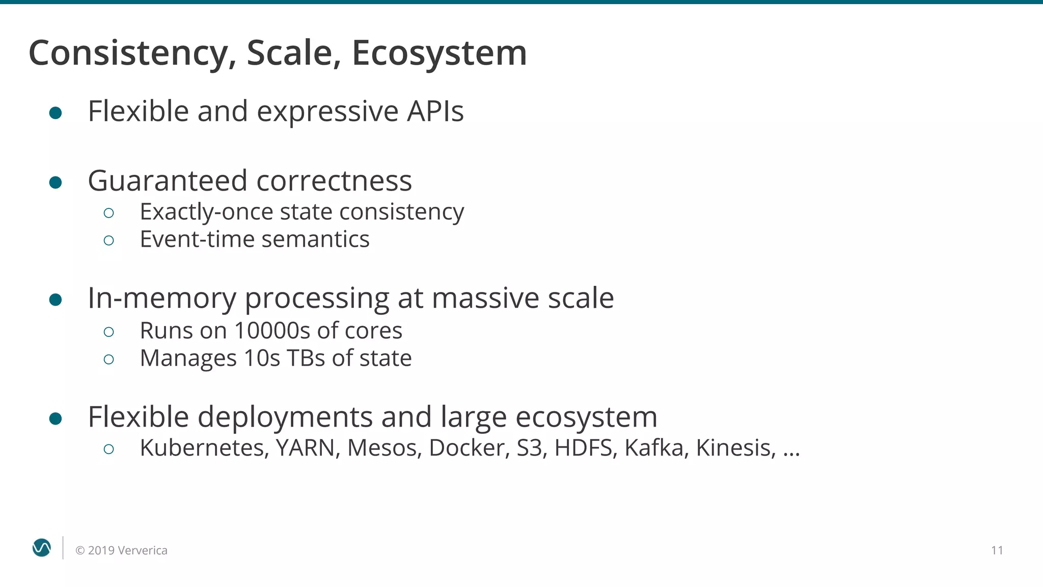 © 2019 Ververica 11
Consistency, Scale, Ecosystem
● Flexible and expressive APIs
● Guaranteed correctness
○ Exactly-once state consistency
○ Event-time semantics
● In-memory processing at massive scale
○ Runs on 10000s of cores
○ Manages 10s TBs of state
● Flexible deployments and large ecosystem
○ Kubernetes, YARN, Mesos, Docker, S3, HDFS, Kafka, Kinesis, …
 