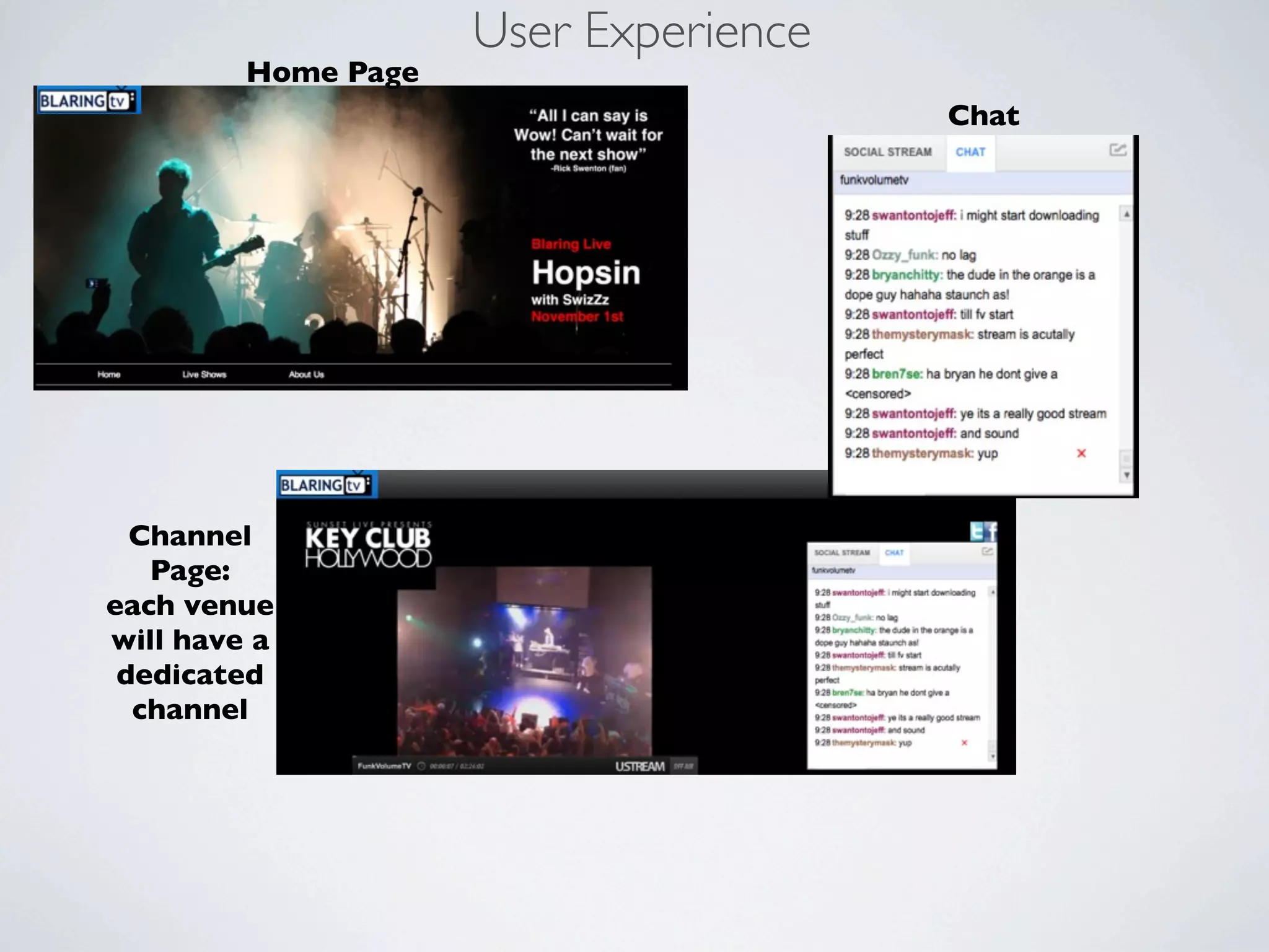 User Experience
         Home Page
                                       Chat




  Channel
   Page:
each venue
will have a
 dedicated
  channel
 