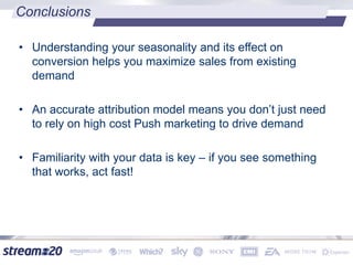 Conclusions
• Understanding your seasonality and its effect on
conversion helps you maximize sales from existing
demand
• An accurate attribution model means you don’t just need
to rely on high cost Push marketing to drive demand
• Familiarity with your data is key – if you see something
that works, act fast!
 