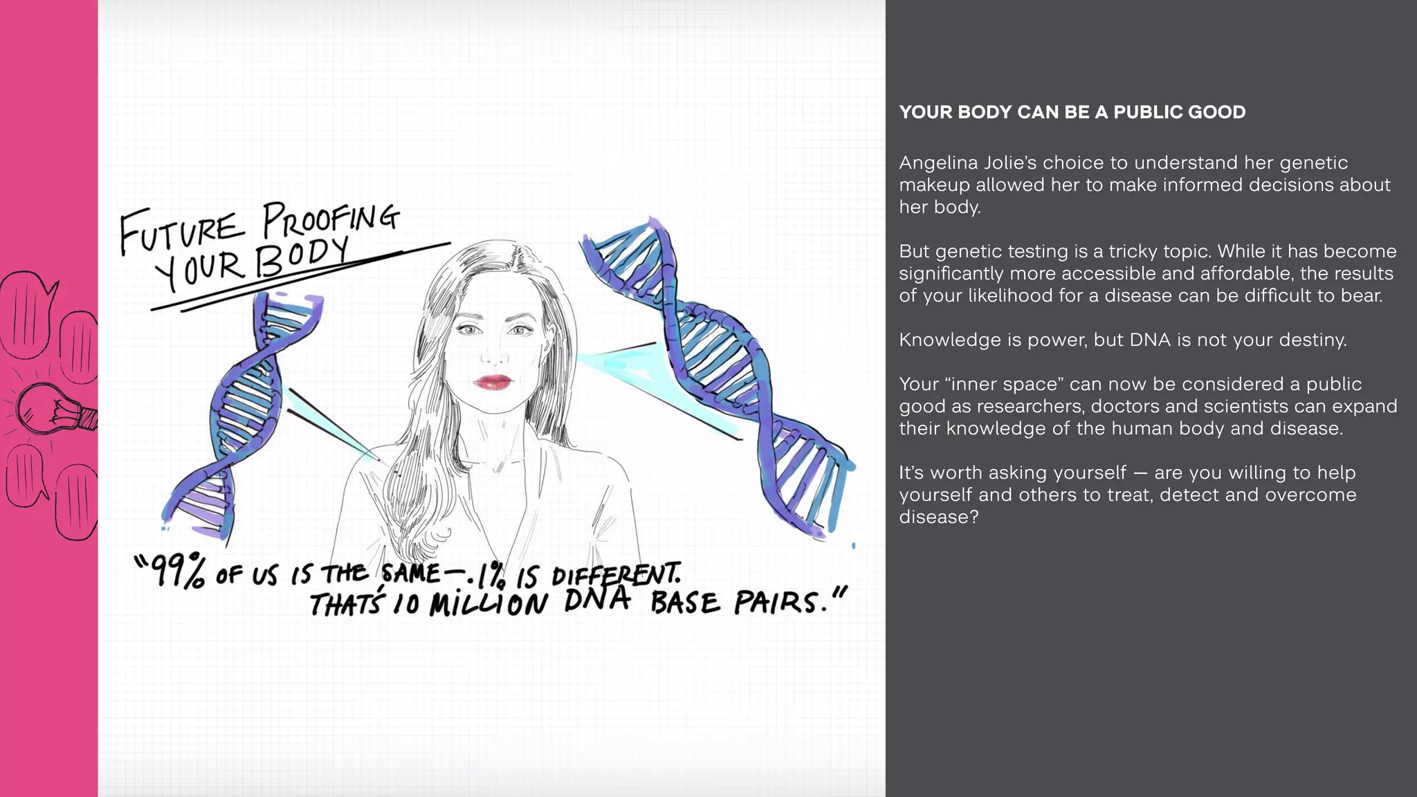 Angelina Jolie’s choice to understand her genetic
makeup allowed her to make informed decisions about
her body.
But genetic testing is a tricky topic. While it has become
significantly more accessible and affordable, the results
of your likelihood for a disease can be difficult to bear.
Knowledge is power, but DNA is not your destiny.
Your “inner space” can now be considered a public
good as researchers, doctors and scientists can expand
their knowledge of the human body and disease.
It’s worth asking yourself — are you willing to help
yourself and others to treat, detect and overcome
disease?
YOUR BODY CAN BE A PUBLIC GOOD
 
