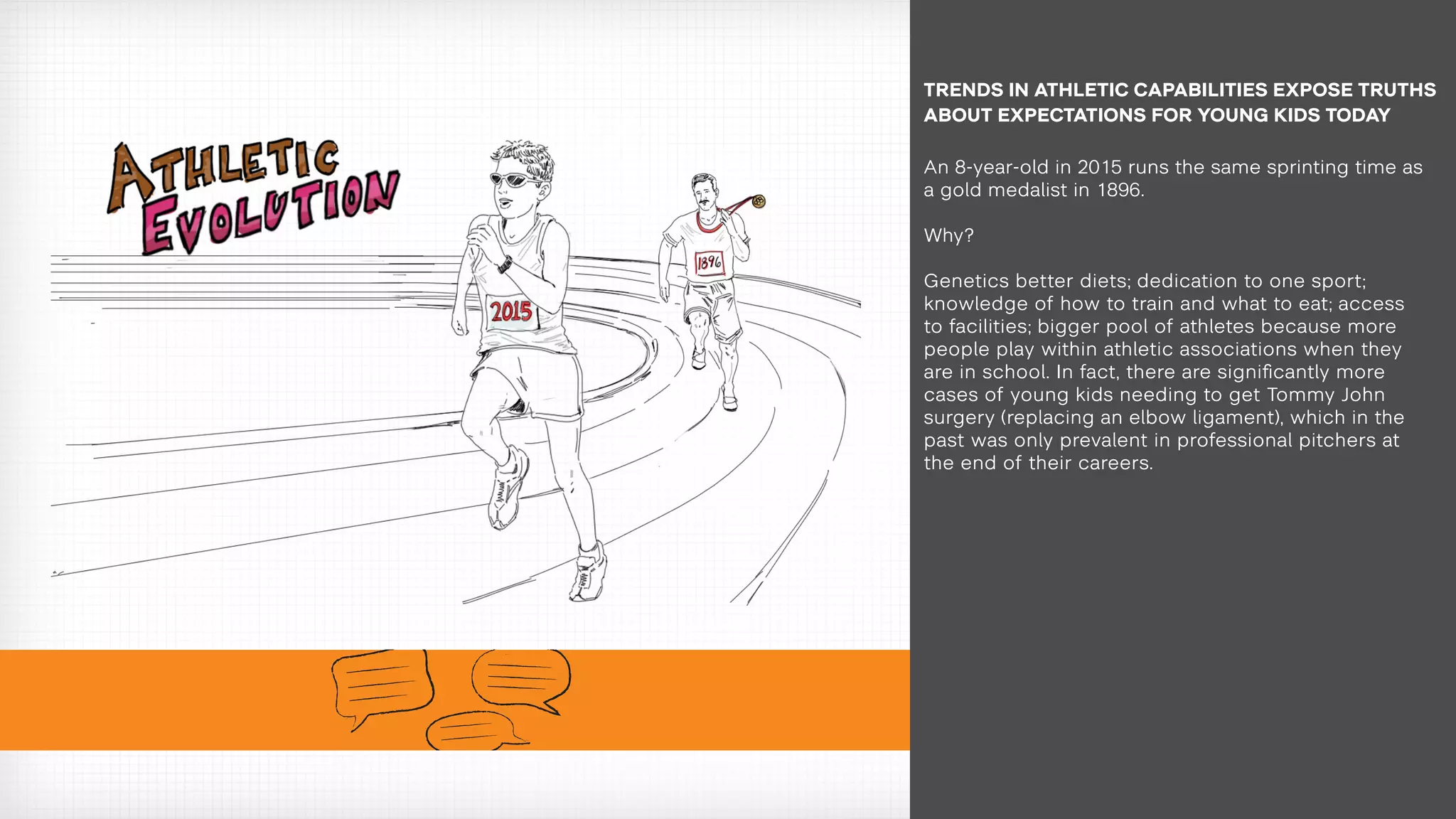 An 8-year-old in 2015 runs the same sprinting time as
a gold medalist in 1896.
Why?
Genetics; better diets; dedication to one sport;
knowledge of how to train and what to eat; access
to facilities; bigger pool of athletes because more
people play within athletic associations when they
are in school. In fact, there are significantly more
cases of young kids needing to get Tommy John
surgery (replacing an elbow ligament), which in the
past was only prevalent in professional pitchers at
the end of their careers.
TRENDS IN ATHLETIC CAPABILITIES EXPOSE TRUTHS
ABOUT EXPECTATIONS FOR YOUNG KIDS TODAY
 