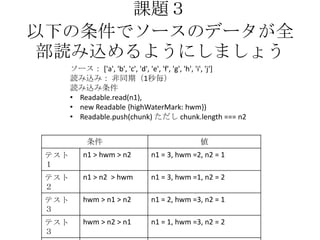 課題３
以下の条件でソースのデータが全
部読み込めるようにしましょう
条件 値
テスト
１
n1 > hwm > n2 n1 = 3, hwm =2, n2 = 1
テスト
２
n1 > n2 > hwm n1 = 3, hwm =1, n2 = 2
テスト
３
hwm > n1 > n2 n1 = 2, hwm =3, n2 = 1
テスト
３
hwm > n2 > n1 n1 = 1, hwm =3, n2 = 2
ソース： ['a', 'b', 'c', 'd', 'e', 'f', 'g', 'h', 'i', 'j']
読み込み： 非同期（1秒毎）
読み込み条件
• Readable.read(n1),
• new Readable {highWaterMark: hwm})
• Readable.push(chunk) ただし chunk.length === n2
 