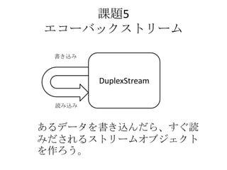 課題5
エコーバックストリーム
DuplexStream
書き込み
読み込み
あるデータを書き込んだら、すぐ読
みだされるストリームオブジェクト
を作ろう。
 