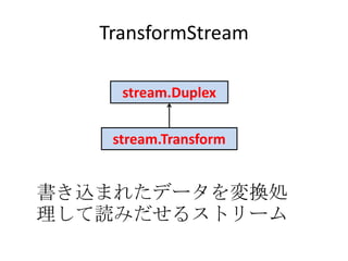 TransformStream
stream.Duplex
stream.Transform
書き込まれたデータを変換処
理して読みだせるストリーム
 