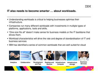 IT also needs to become smarter … about workloads.


 Understanding workloads is critical to helping businesses optimise their
 infrastructure.
 Companies run many different workloads with investments in multiple types of
 platforms, applications, tools and skills.
 “One size fits all” doesn’t make sense for business models or the IT backbone that
 drives them.
 Workload characteristics will drive the rate and degree of standardisation of IT and
 business services
 IBM has identified a series of common workloads that are well suited for cloud




  Analytics   Collaboration   Development   Desktop and   Infrastructure   Infrastructure   Business
                                and Test      Devices        Compute           storage      Services


                                                                                                       6
 
