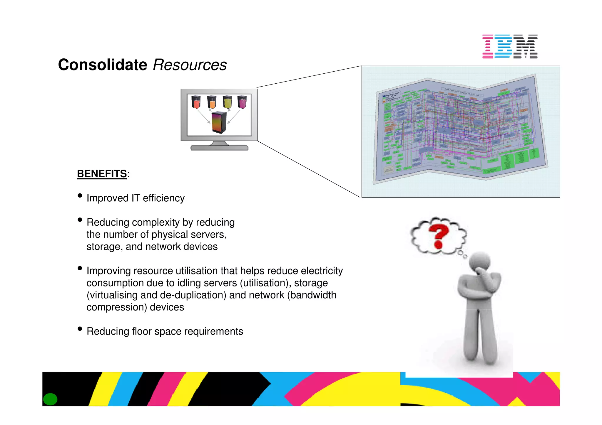 olidate Resources




EFITS:

proved IT efficiency

ducing complexity by reducing
 number of physical servers,
rage, and network devices

proving resource utilisation that helps reduce electricity
nsumption due to idling servers (utilisation), storage
 tualising and de-duplication) and network (bandwidth
                  duplication)
mpression) devices

ducing floor space requirements
 