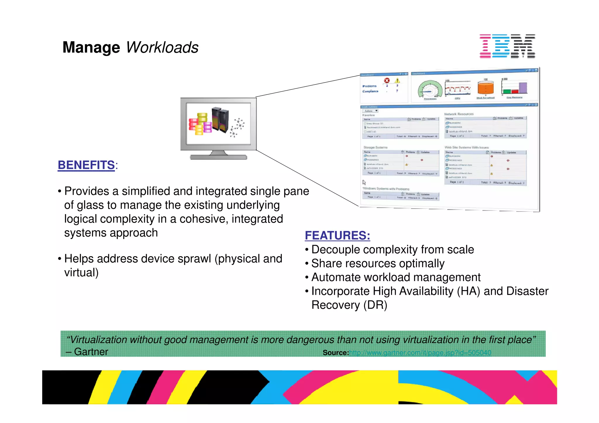 TS:

 es a simplified and integrated single pane
 s to manage the existing underlying
 complexity in a cohesive, integrated
ms approach                               FEATURES:
                                          • Decouple complexity from scale
 address device sprawl (physical and      • Share resources optimally
                                          • Automate workload management
                                          • Incorporate High Availability (HA) and
                                            Recovery (DR)

 zation without good management is more dan
                                         angerous than not using virtualization in the firs
 er                                            Source:http://www.gartner.com/it/page.jsp?id=505040
 