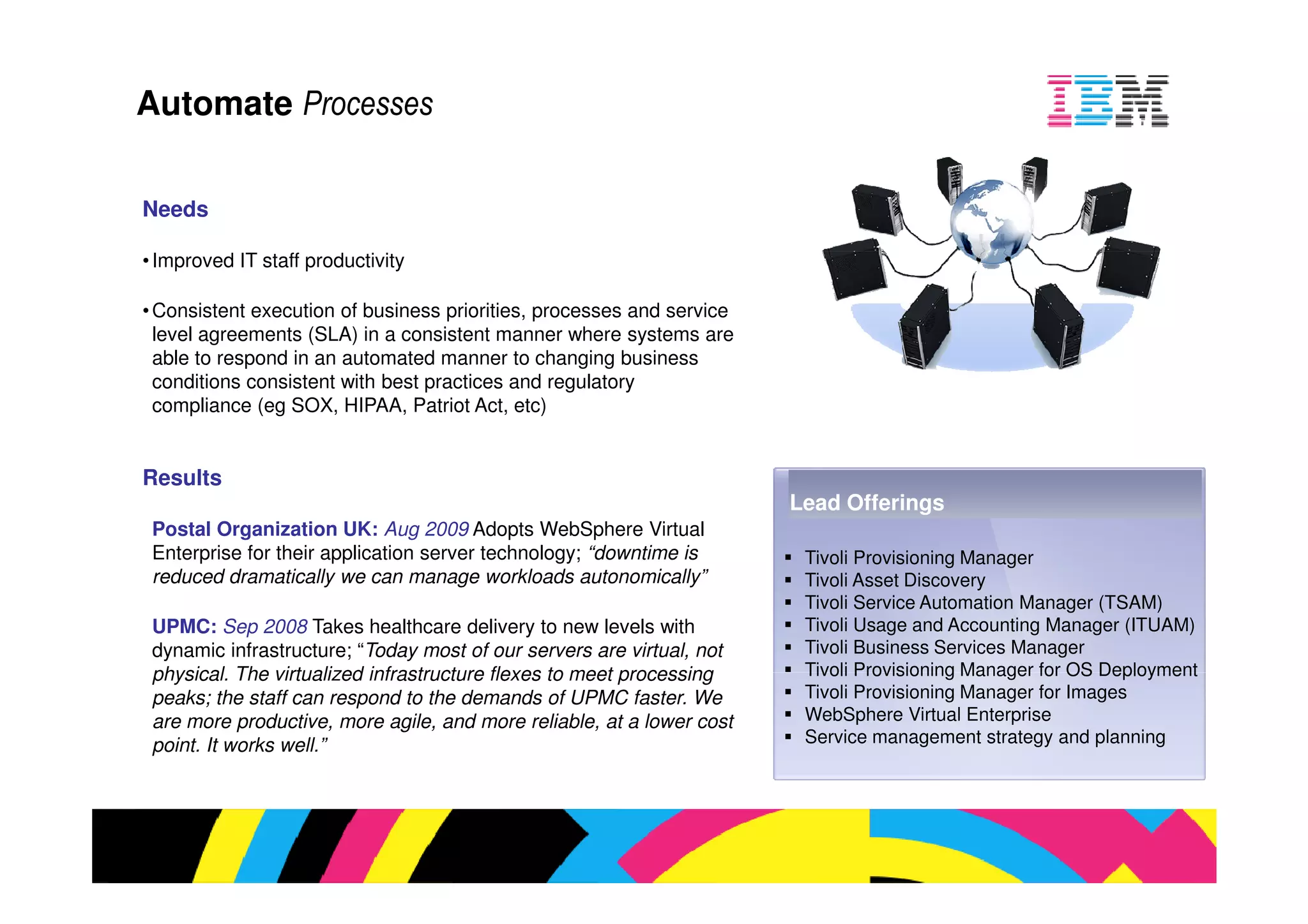 ed IT staff productivity

 ent execution of business priorities, processes and service
greements (SLA) in a consistent manner where systems are
 respond in an automated manner to changing business
ons consistent with best practices and regulatory
ance (eg SOX, HIPAA, Patriot Act, etc)


s
                                                                Lead Offerings
Organization UK: Aug 2009 Adopts WebSphere Virtual
ise for their application server technology; “downtime is        Tivoli Provisioning Manager
d dramatically we can manage workloads autonomically”            Tivoli Asset Discovery
                                                                 Tivoli Service Automation Manager
  Sep 2008 Takes healthcare delivery to new levels with          Tivoli Usage and Accounting Mana
c infrastructure; “Today most of our servers are virtual, not
                   Today                                         Tivoli Business Services Manager
 l. The virtualized infrastructure flexes to meet processing     Tivoli Provisioning Manager for OS
the staff can respond to the demands of UPMC faster. We          Tivoli Provisioning Manager for Ima
re productive, more agile, and more reliable, at a lower cost    WebSphere Virtual Enterprise
  works well.”                                                   Service management strategy and
 