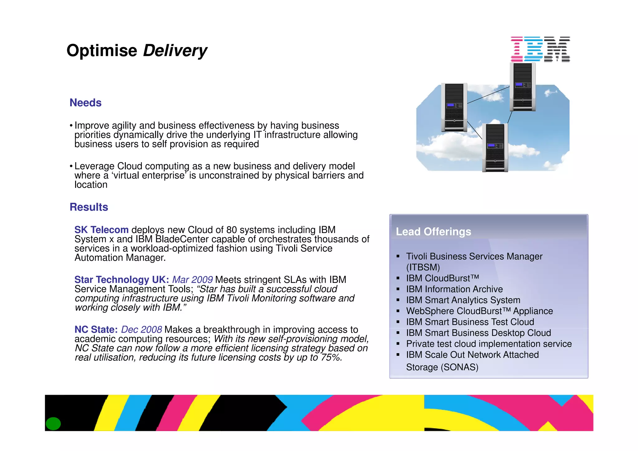 e agility and business effectiveness by having business
 s dynamically drive the underlying IT infrastructure allowing
ss users to self provision as required

ge Cloud computing as a new business and delivery model
a ‘virtual enterprise’ is unconstrained by physical barriers and
n

s

ecom deploys new Cloud of 80 systems including IBM                 Lead Offerings
  x and IBM BladeCenter capable of orchestrates thousands of
s in a workload-optimized fashion using Tivoli Service
                optimized
ation Manager.                                                      Tivoli Business Services Manag
                                                                    (ITBSM)
 chnology UK: Mar 2009 Meets stringent SLAs with IBM                IBM CloudBurst™
  Management Tools; “Star has built a successful cloud              IBM Information Archive
 ing infrastructure using IBM Tivoli Monitoring software and        IBM Smart Analytics System
g closely with IBM.”                                                WebSphere CloudBurst™ Appl
                                                                    IBM Smart Business Test Cloud
 te: Dec 2008 Makes a breakthrough in improving access to           IBM Smart Business Desktop C
mic computing resources; With its new self-provisioning model,
                                              provisioning          Private test cloud implementatio
 te can now follow a more efficient licensing strategy based on
 isation, reducing its future licensing costs by up to 75%.         IBM Scale Out Network Attache
                                                                    Storage (SONAS)
 