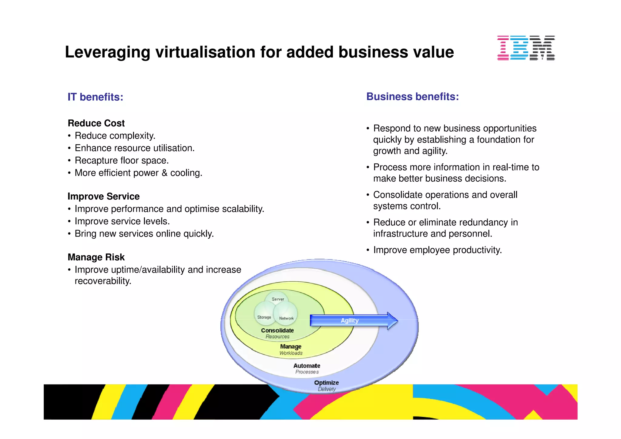 fits:                                     Business benefits:

 Cost
                                           • Respond to new business opportun
e complexity.                                quickly by establishing a foundation
ce resource utilisation.                     growth and agility.
ture floor space.
                                           • Process more information in real-tim
 fficient power & cooling.
                                             make better business decisions.
  Service                                  • Consolidate operations and overall
 e performance and optimise scalability.     systems control.
 e service levels.                         • Reduce or eliminate redundancy in
new services online quickly.                 infrastructure and personnel.
                                           • Improve employee productivity.
 Risk
e uptime/availability and increase
rability.
 