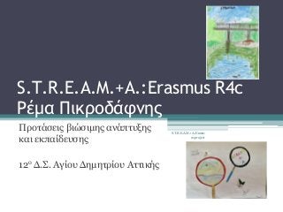 S.T.R.E.A.M.+A.:Erasmus R4c
Ρέμα Πικροδάφνης
Προτάσεις βιώσιμης ανάπτυξης
και εκπαίδευσης
12ο Δ.Σ. Αγίου Δημητρίου Αττικής
S.T.R.E.A.M.+A.:Erasm
us project
 