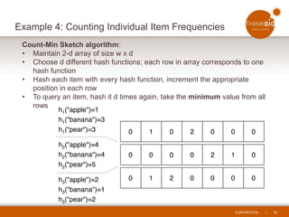 CONFIDENTIAL | 19
Example 4: Counting Individual Item Frequencies
Count-Min Sketch algorithm:
• Maintain 2-d array of size w x d
• Choose d different hash functions; each row in array corresponds to one
hash function
• Hash each item with every hash function, increment the appropriate
position in each row
• To query an item, hash it d times again, take the minimum value from all
rows
 