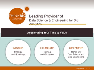 CONFIDENTIAL | 2
Accelerating Your Time to Value
Strategy
and Roadmap
IMAGINE
Training
and Education
ILLUMINATE
Hands-On
Data Science and
Data Engineering
IMPLEMENT
Leading Provider of
Data Science & Engineering for Big
Analytics
 