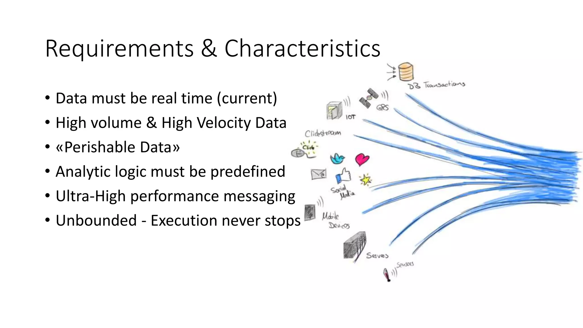 Requirements & Characteristics
• Data must be real time (current)
• High volume & High Velocity Data
• «Perishable Data»
• Analytic logic must be predefined
• Ultra-High performance messaging
• Unbounded - Execution never stops
 