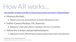 How AR works…
How the NFL’s 1st Down Line Works: https://www.youtube.com/watch?v=1Oqm6eO6deU
• Measure the ﬁeld…
• Phone scans the environment to build a 3D grid to track
• Gather Camera Position, Tilt, Zoom etc.
• Software reads your phone’s position, tilt, etc. in real time
• Yellow line is drawn and put behind players
• Software inserts AR elements and occludes them with real elements
OPPORTUNITIES IN AUGMENTED REALITY
February 18th - Deﬁning AR, its History and why it matters
 