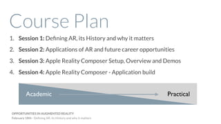 Course Plan
1. Session 1: Deﬁning AR, its History and why it matters
2. Session 2: Applications of AR and future career opportunities
3. Session 3: Apple Reality Composer Setup, Overview and Demos
4. Session 4: Apple Reality Composer - Application build
OPPORTUNITIES IN AUGMENTED REALITY
February 18th - Deﬁning AR, its History and why it matters
Academic Practical
 
