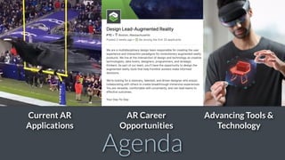 Agenda
AR Career
Opportunities
Current AR
Applications
Advancing Tools &
Technology
 