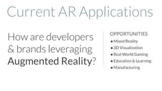 Current AR Applications
OPPORTUNITIES
•Mixed Reality
•3D Visualization
•Real World Gaming
•Education & Learning
•Manufacturing
How are developers
& brands leveraging
Augmented Reality?
 