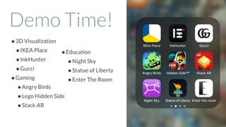 Demo Time!
•3D Visualization
•IKEA Place
•InkHunter
•Gucci
•Gaming
•Angry Birds
•Lego Hidden Side
•Stack AR
•Education
•Night Sky
•Statue of Liberty
•Enter The Room
 