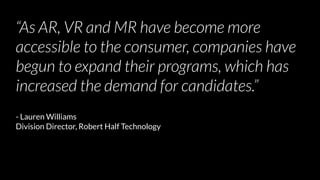 “As AR, VR and MR have become more
accessible to the consumer, companies have
begun to expand their programs, which has
increased the demand for candidates.”
- Lauren Williams
Division Director, Robert Half Technology
 