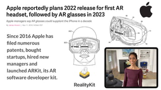 Since 2016 Apple has
ﬁled numerous
patents, bought
startups, hired new
managers and
launched ARKit, its AR
software developer kit.
 