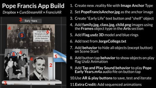 1. Create new .reality ﬁle with Image Anchor Type
2. Set PopeFrancisAnchor.jpg as the anchor image
3. Create “Early Life” text button and “shelf” object
4. Add family.jpg, class.jpg, child.png images using
the Frames object type in the Arts section
5. Add Flag.usdz 3D model and blue rings
6. Add text from JorgeCollege.txt
7. Add behavior to hide all objects (except button)
on Scene Start
8. Add button tap behavior to show objects on play
ﬂag Usdz Animation
9. Add Tap and Play Sound behavior to play Pope
Early Years.m4a audio ﬁle on button tap
10.Use AR & play buttons to save, test and iterate
11.Extra Credit: Add sequenced animations
Pope Francis App Build
3
3
2
4
4
4
55
5
Dropbox ▸ CureStreamAR ▸ FrancisAR
6
 