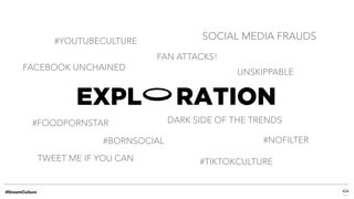 EXPL RATION
FACEBOOK UNCHAINED
TWEET ME IF YOU CAN
#YOUTUBECULTURE
UNSKIPPABLE
FAN ATTACKS!
SOCIAL MEDIA FRAUDS
DARK SIDE OF THE TRENDS#FOODPORNSTAR
#BORNSOCIAL #NOFILTER
#TIKTOKCULTURE
 