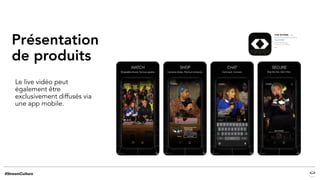 Présentation
de produits
Le live vidéo peut
également être
exclusivement diffusés via
une app mobile.
 