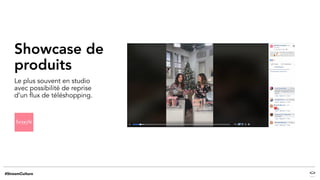 Le plus souvent en studio
avec possibilité de reprise
d’un flux de téléshopping.
Showcase de
produits
 