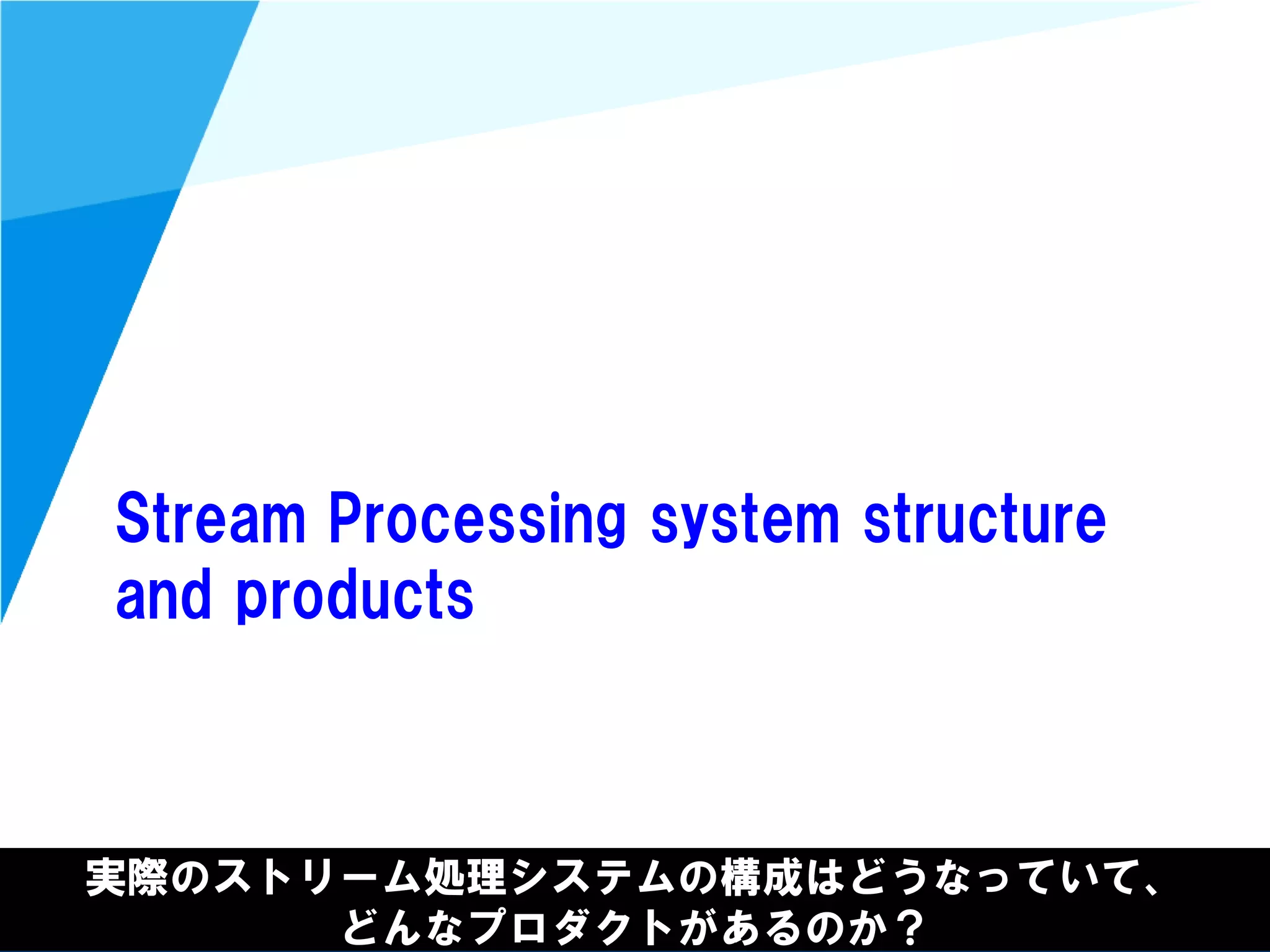 @kimutansk
Stream Processing system structure
and products
実際のストリーム処理システムの構成はどうなっていて、
どんなプロダクトがあるのか？
 