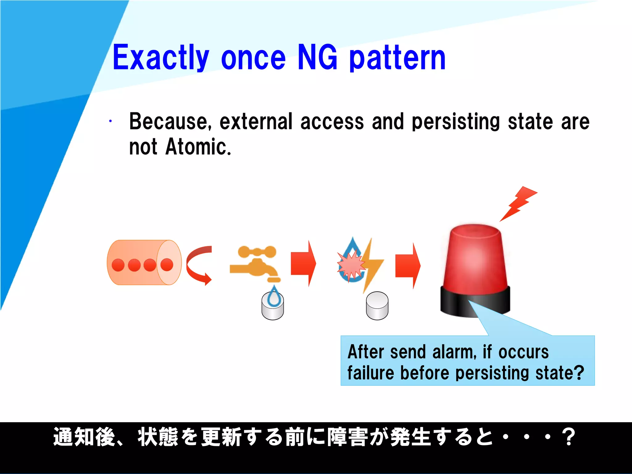 @kimutansk
Exactly once NG pattern
通知後、状態を更新する前に障害が発生すると・・・？
• Because, external access and persisting state are
not Atomic.
After send alarm, if occurs
failure before persisting state?
 