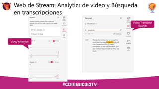Web de Stream: Analytics de video y Búsqueda
en transcripciones
Video Analytics
Video Transcript
Search
 