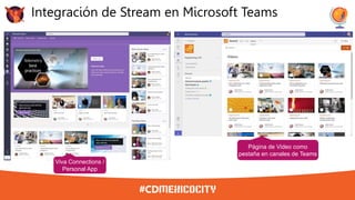 Integración de Stream en Microsoft Teams
Viva Connections /
Personal App
Página de Video como
pestaña en canales de Teams
 
