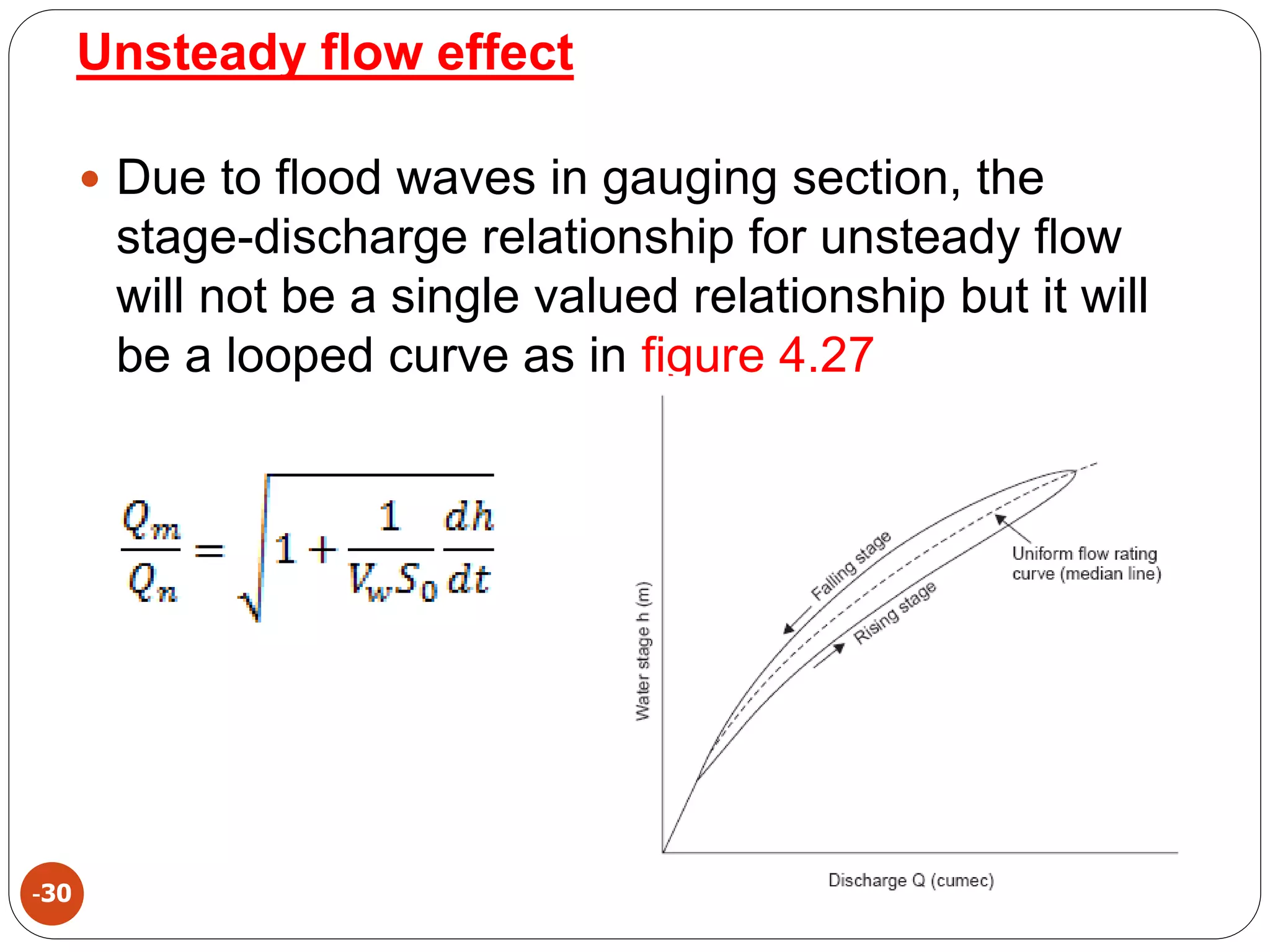 Unsteady flow effect
-30
 Due to flood waves in gauging section, the
stage-discharge relationship for unsteady flow
will not be a single valued relationship but it will
be a looped curve as in figure 4.27
 