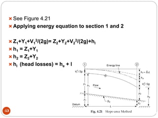 -13
 See Figure 4.21
 Applying energy equation to section 1 and 2
 Z1+Y1+V1
2/(2g)= Z2+Y2+V2
2/(2g)+hl
 h1 = Z1+Y1
 h2 = Z2+Y2
 hl (head losses) = he + hf
 