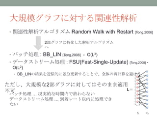 大規模グラフに対する関連性解析
• 関連性解析アルゴリズム Random Walk with Restart        [Tong,2006]

             2部グラフに特化した解析アルゴリズム
             へ
• バッチ処理 : BB_LIN   [Tong,2008]   - O(L3)
• データストリーム処理 : FSU(Fast-Single-Update) [Tong,2008] -
  O(L2)
  • BB_LINの結果を近似的に差分更新することで、全体の再計算を避ける


ただし、大規模な2部グラフに対してはそのまま適用
不可                      L＝
バッチ処理 … 現実的な時間内で終わらない
データストリーム処理 … 到着レート以内に処理でき
ない
 