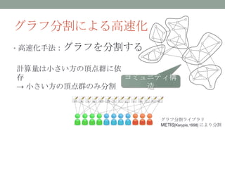 グラフ分割による高速化
• 高速化手法：グラフを分割する


計算量は小さい方の頂点群に依
存              コミュニティ構
→ 小さい方の頂点群のみ分割    造



                   グラフ分割ライブラリ
                   METIS[Karypis,1998] により分割
 
