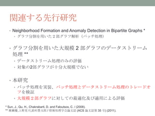 関連する先行研究
  • Neighborhood Formation and Anomaly Detection in Bipartite Graphs *
    • グラフ分割を用いた２部グラフ解析（バッチ処理）


  • グラフ分割を用いた大規模 2 部グラフのデータストリーム
   処理 **
    • データストリーム処理のみの評価
    • 対象の2部グラフが十分大規模でない


  • 本研究
    • バッチ処理を実装、バッチ処理とデータストリーム処理のトレードオ
      フを検証
    • 大規模２部グラフに対しての最適化及び適用による評価

* Sun, J., Qu, H., Chakrabarti, D. and Faloutsos, C. / (2008).
** 雁瀬優,上野晃司,鈴村豊太郎 / 情報処理学会論文誌 (ACS 論文誌第 35 号) (2011).
 