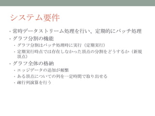 システム要件
• 常時データストリーム処理を行い、定期的にバッチ処理
• グラフ分割の機能
  • グラフ分割はバッチ処理時に実行（定期実行）
  • 定期実行時点では存在しなかった頂点の分割をどうするか（新規
    頂点）
• グラフ全体の格納
  • エッジデータの追加が頻繁
  • ある頂点についての列を一定時間で取り出せる
  • 疎行列演算を行う
 