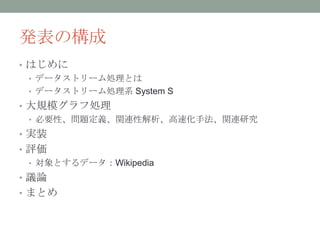 発表の構成
• はじめに
  • データストリーム処理とは
  • データストリーム処理系 System S
• 大規模グラフ処理
  • 必要性、問題定義、関連性解析、高速化手法、関連研究
• 実装
• 評価
  • 対象とするデータ：Wikipedia
• 議論
• まとめ
 