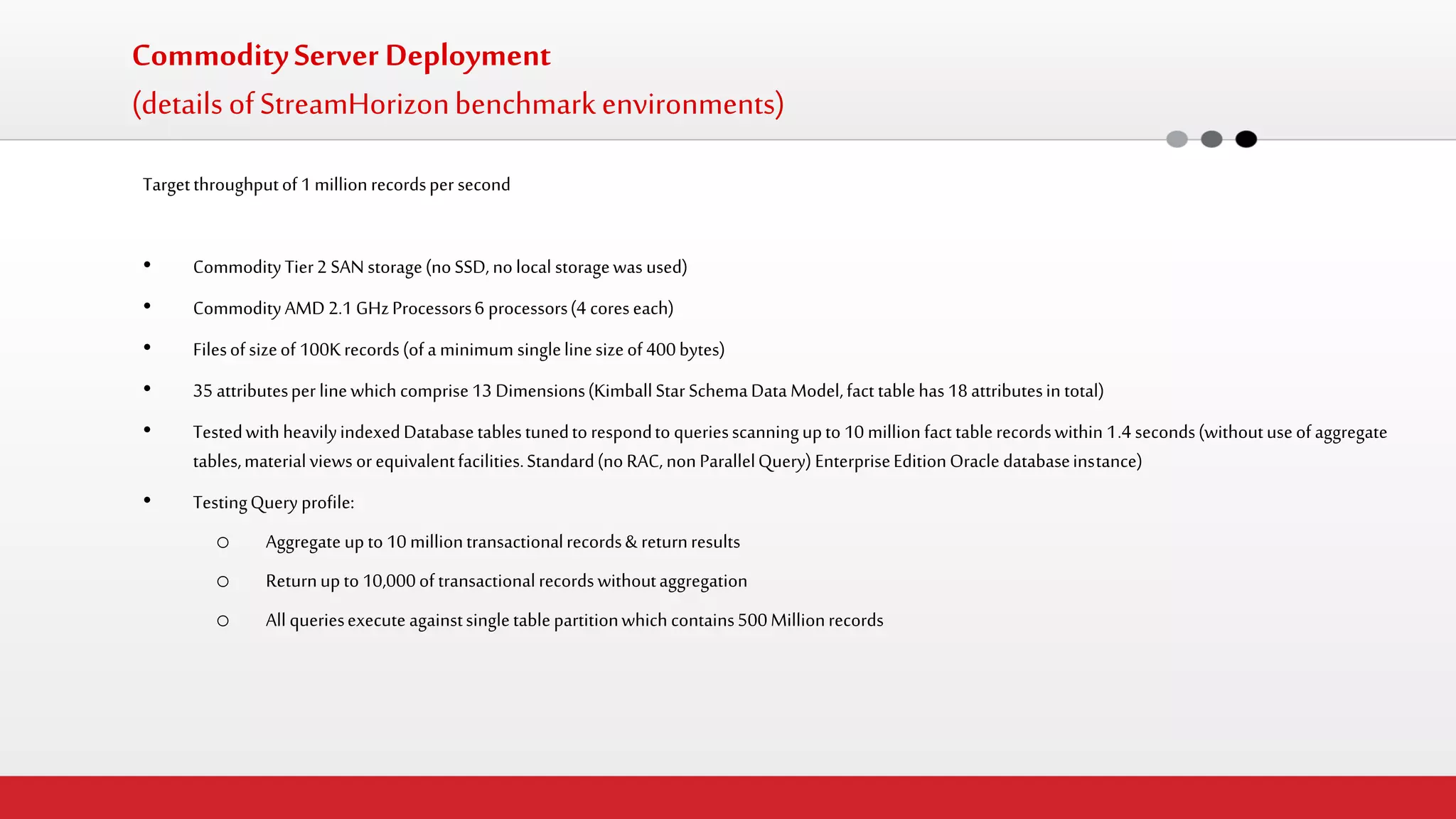 Commodity Server Deployment (details of StreamHorizon benchmark environments) 
Target throughput of 1 million records per second 
•Commodity Tier 2 SAN storage (no SSD, no local storage was used) 
•Commodity AMD 2.1 GHz Processors 6 processors (4 cores each) 
•Files of size of 100K records (of a minimum single line size of 400 bytes) 
•35 attributes per line which comprise 13 Dimensions (Kimball Star Schema Data Model, fact table has 18 attributes in total) 
•Tested with heavily indexed Database tables tuned to respond to queries scanning up to 10 million fact table records within 1.4 seconds (without use of aggregate tables, material views or equivalent facilities. Standard (no RAC, non Parallel Query) Enterprise Edition Oracle database instance) 
•Testing Query profile: 
oAggregate up to 10 million transactional records & return results 
oReturn up to 10,000 of transactional records without aggregation 
oAll queries execute against single table partition which contains 500 Million records 
 