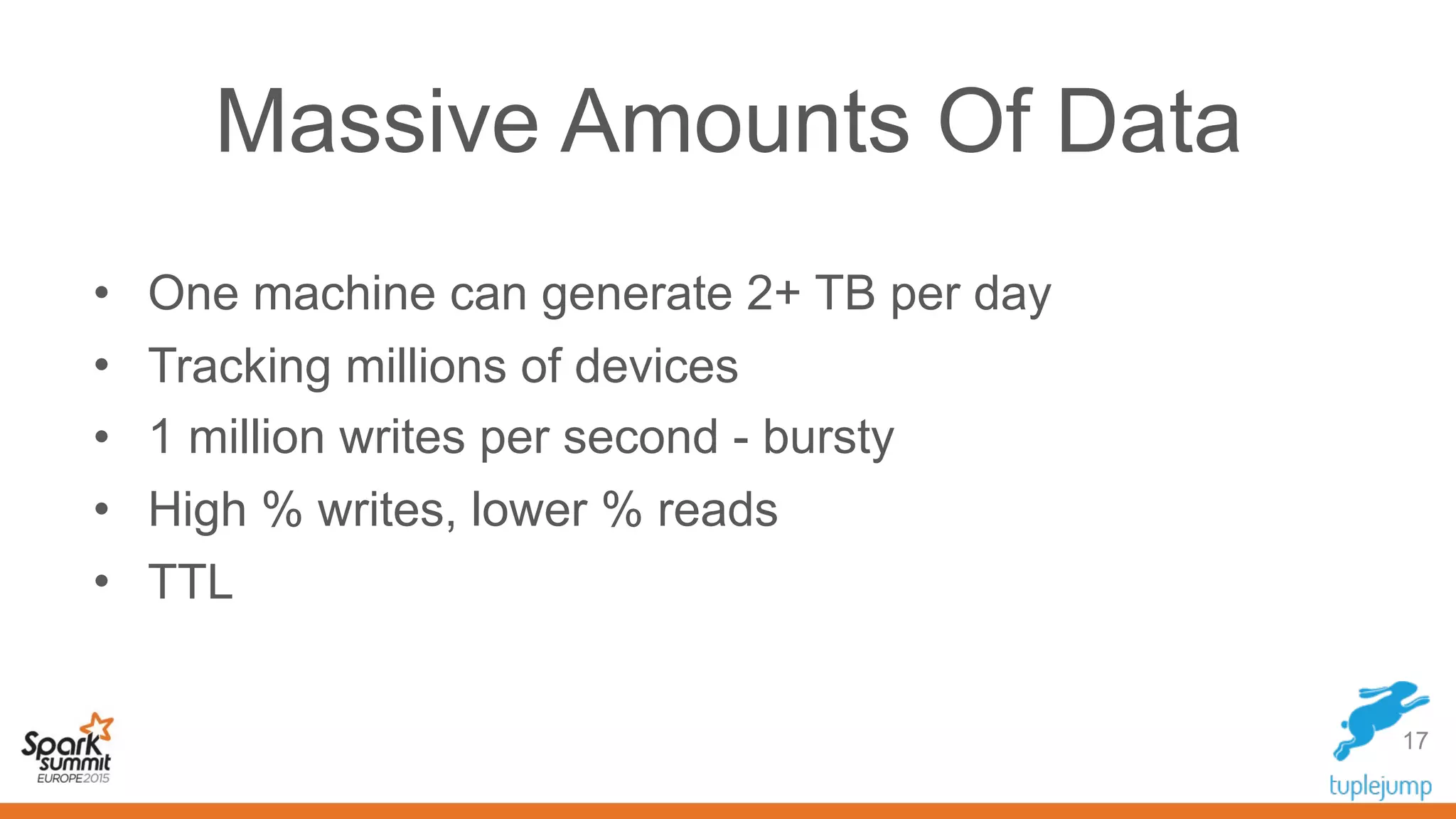Massive Amounts Of Data
17
• One machine can generate 2+ TB per day
• Tracking millions of devices
• 1 million writes per second - bursty
• High % writes, lower % reads
• TTL
 