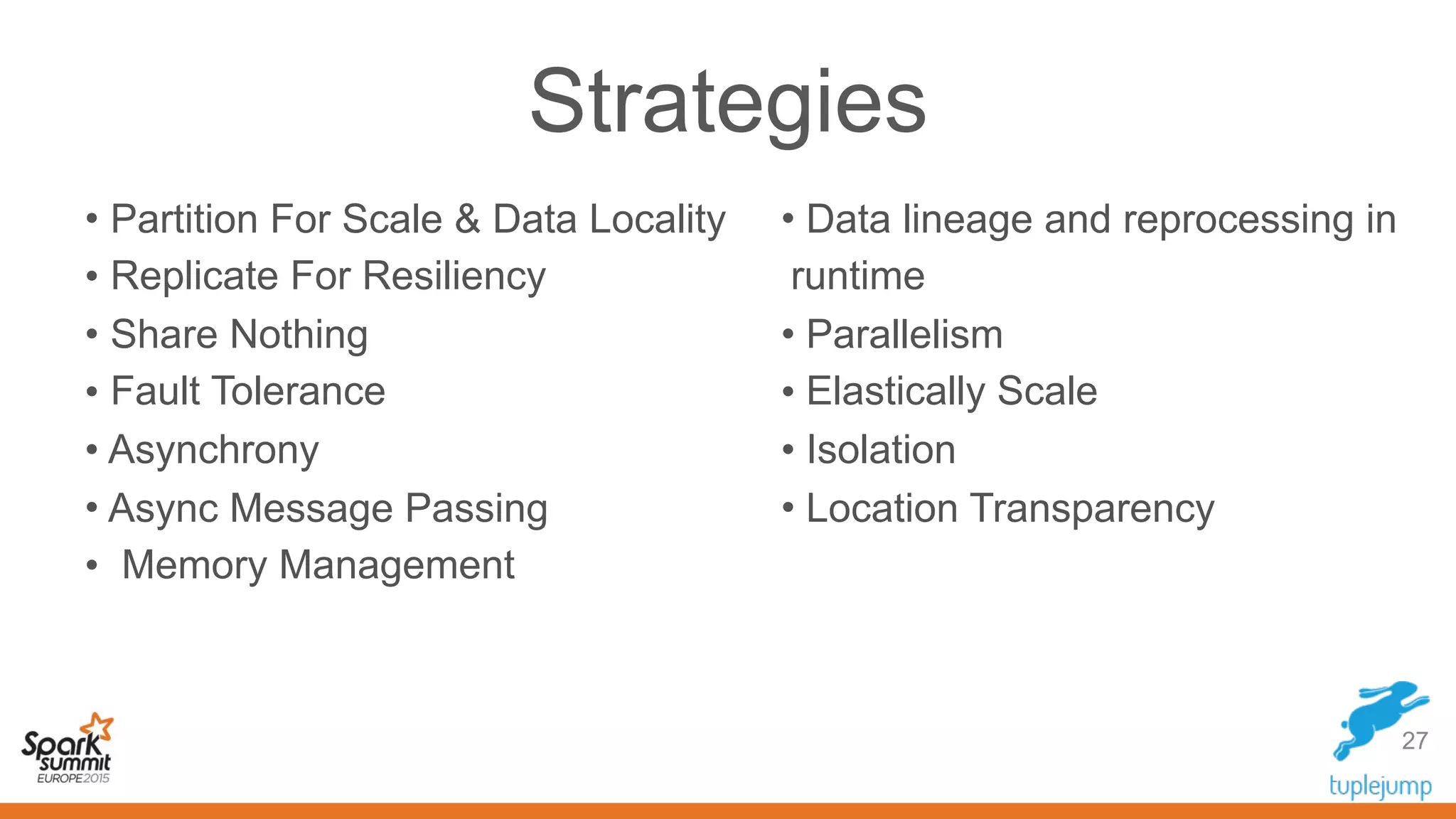 Strategies
• Partition For Scale & Data Locality
• Replicate For Resiliency
• Share Nothing
• Fault Tolerance
• Asynchrony
• Async Message Passing
• Memory Management
27
• Data lineage and reprocessing in
runtime
• Parallelism
• Elastically Scale
• Isolation
• Location Transparency
 