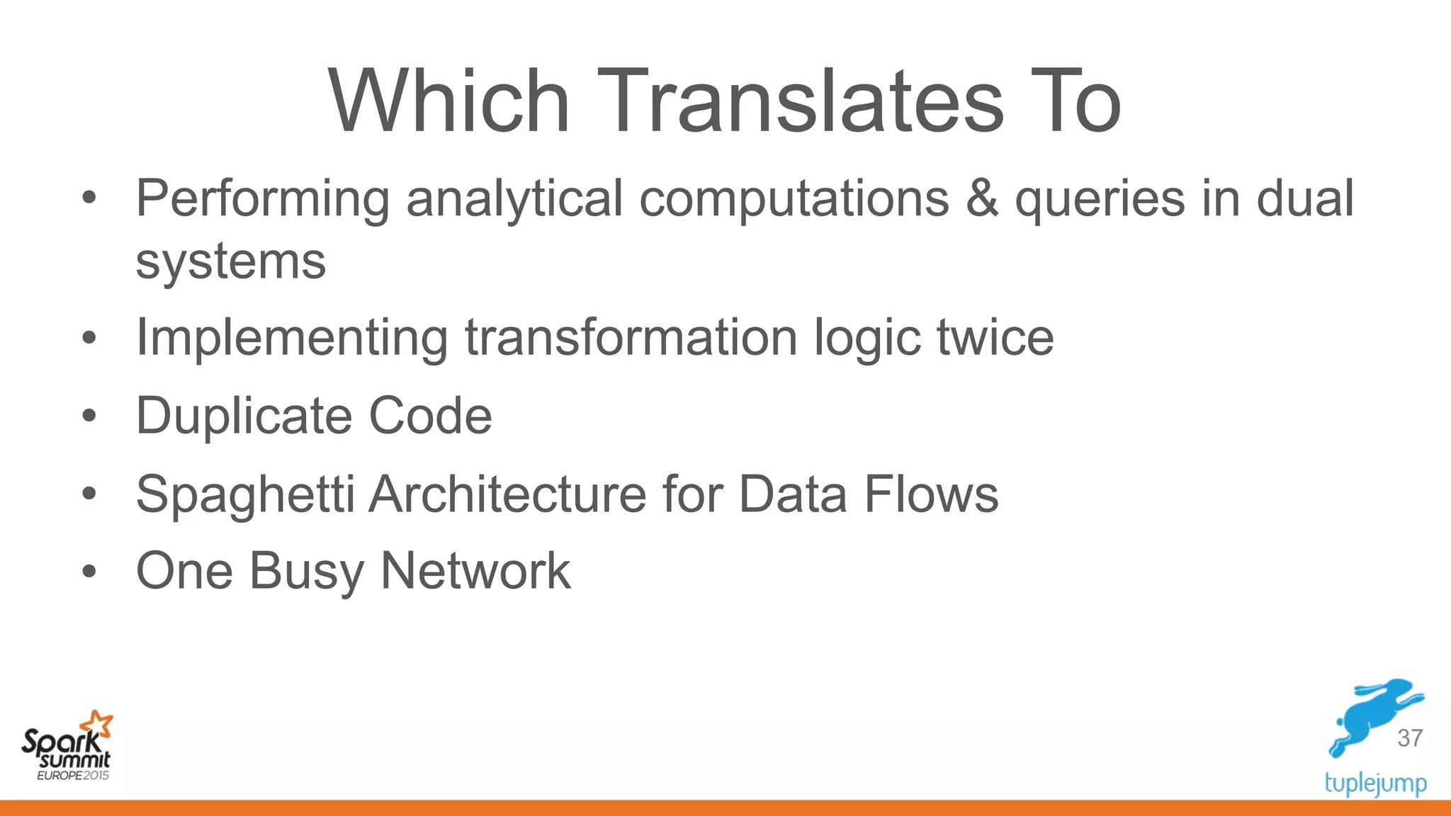 Which Translates To
• Performing analytical computations & queries in dual
systems
• Implementing transformation logic twice
• Duplicate Code
• Spaghetti Architecture for Data Flows
• One Busy Network
37
 