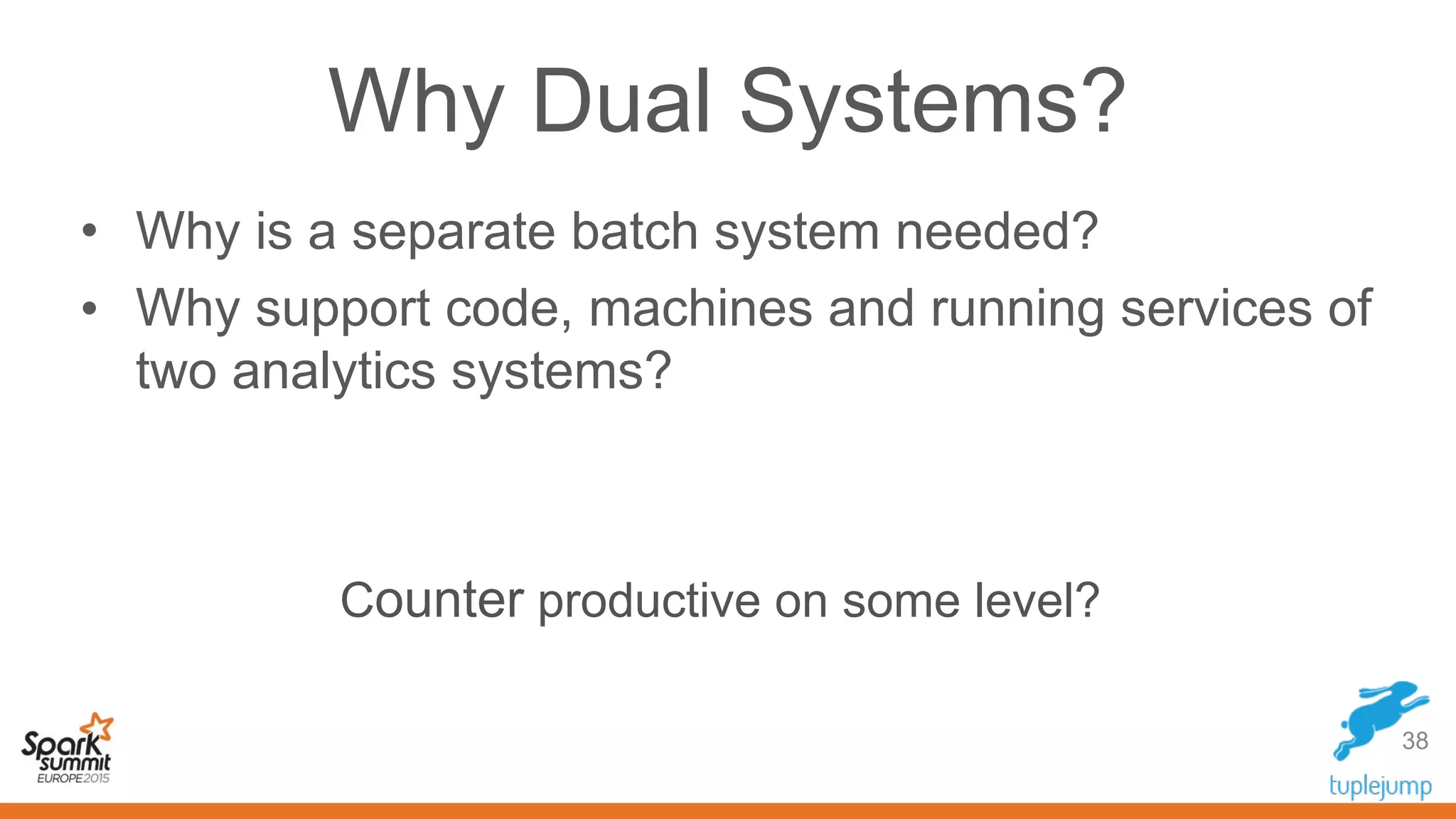 Why Dual Systems?
• Why is a separate batch system needed?
• Why support code, machines and running services of
two analytics systems?
38
Counter productive on some level?
 