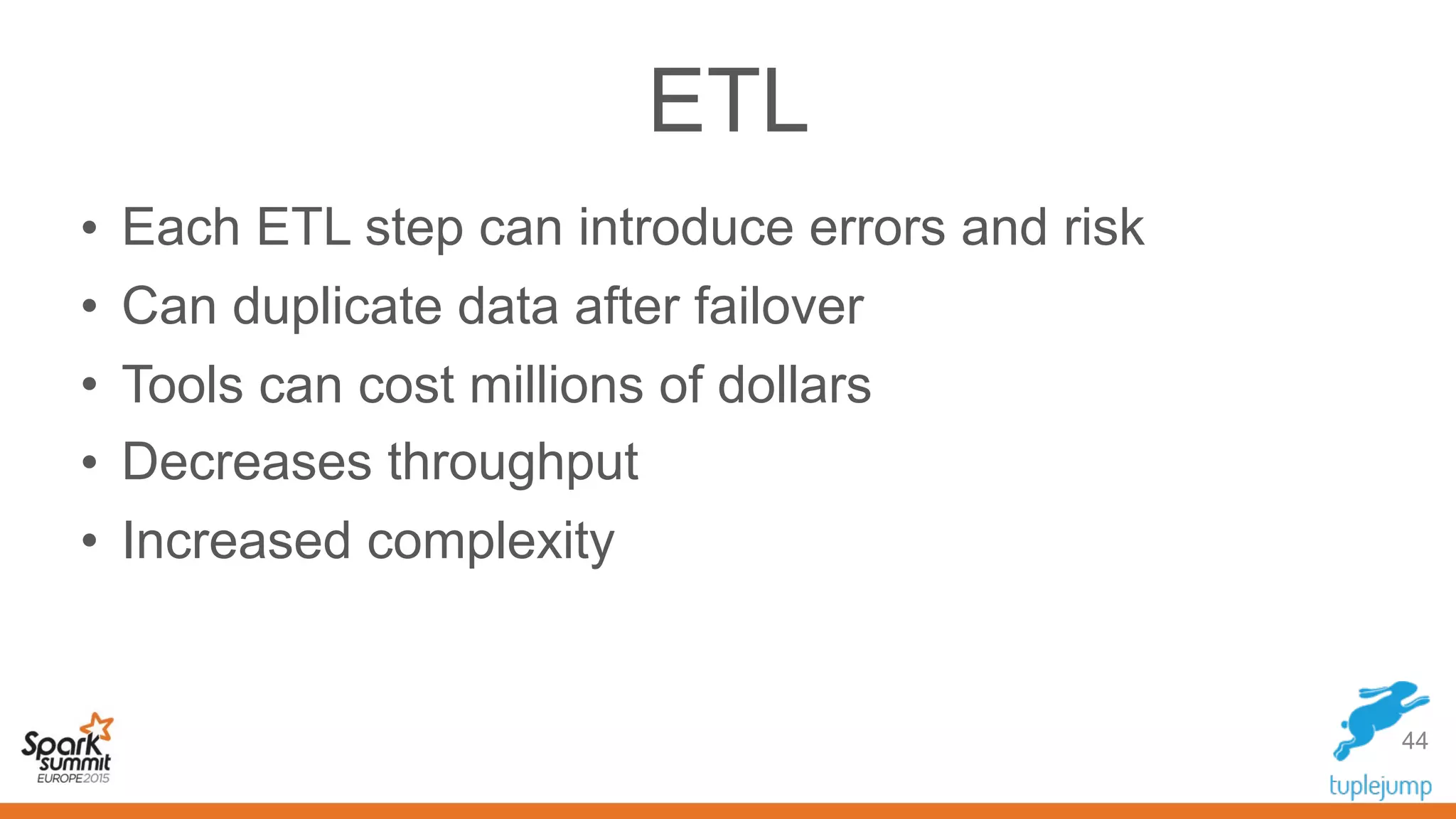ETL
44
• Each ETL step can introduce errors and risk
• Can duplicate data after failover
• Tools can cost millions of dollars
• Decreases throughput
• Increased complexity
 